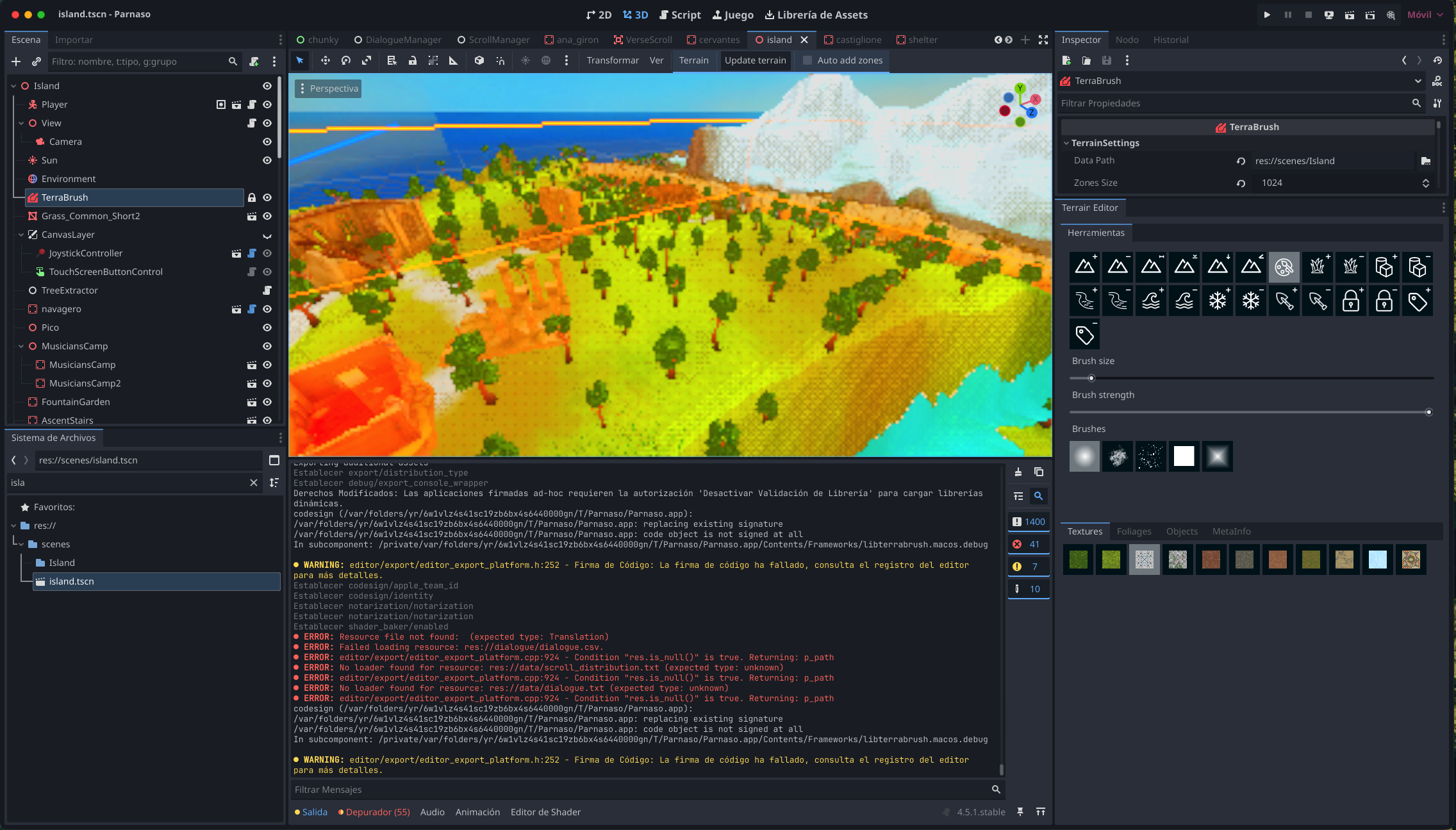 Captura de Parnaso en el editor de Godot Engine
